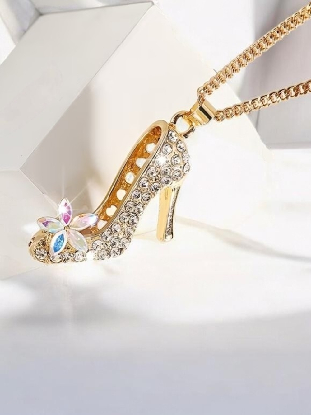 High‑Heel Shoe Pendant w/ Sparkling Rhinestones & AB Flower On Cable Chain